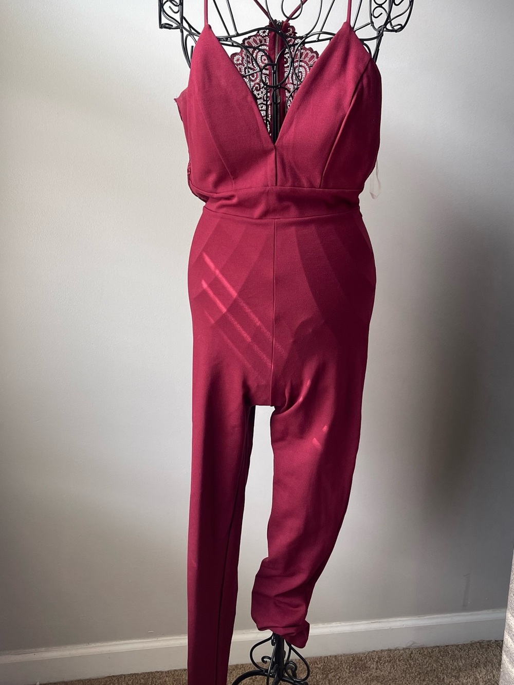 Fashion Nova Sleeveless V-Neck Wine Red Jumpsuit